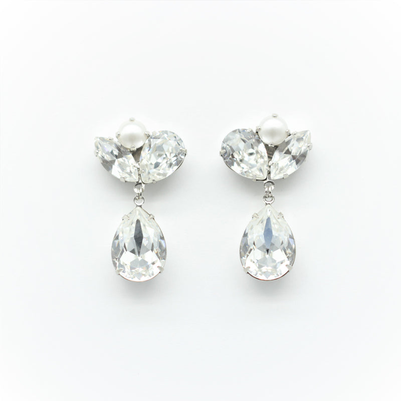 Cluster Stud Pear Drops - Crystal and Pearl