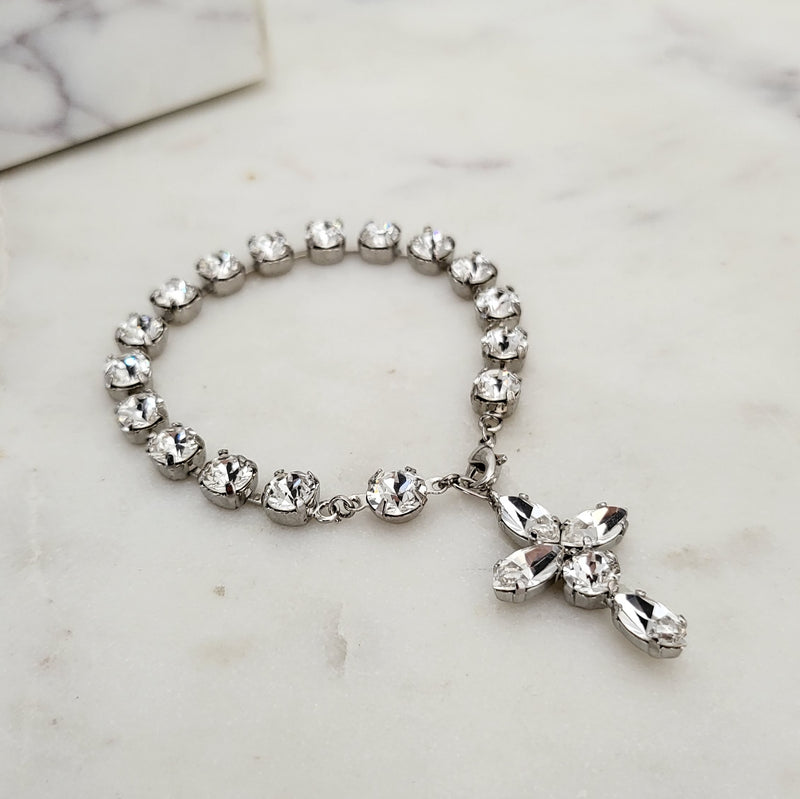 Bridal Cross Crystal Bracelet- Silver Swarovski Crystal Clear