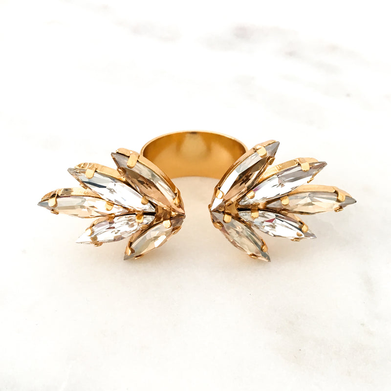 Double Winged Gold Ring - Golden Shadow and Crystal
