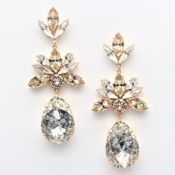 Empress Statement Earrings - Light Silk, Silk, Rose Patina and Crystal