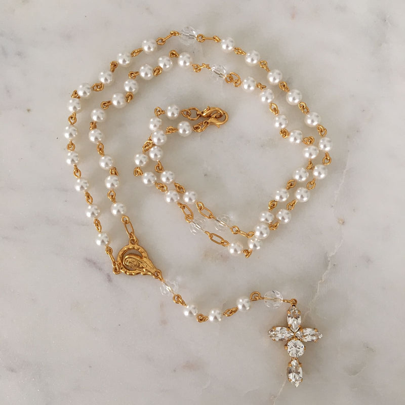 Rosary - Swarovski White Pearl and Crystal Cross Gold Plated