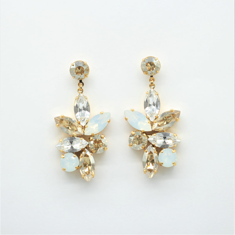 Jen Gold Drop Earrings - Golden Shadow, White Opal and Crystal Clear