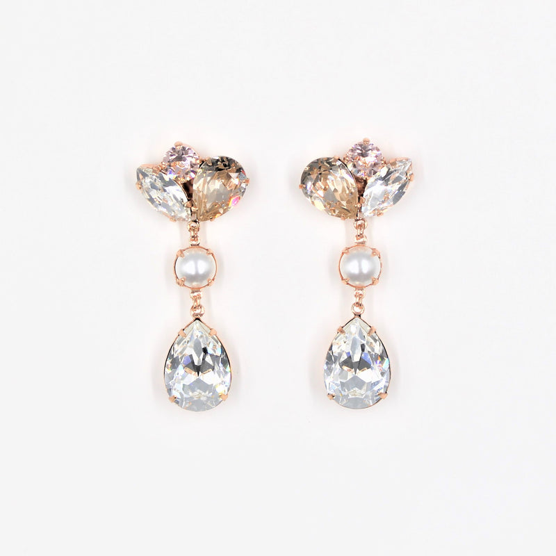 Nora Drop Earrings - Crystal, Light Silk, Vintage Rose and Pearl on Rose Gold