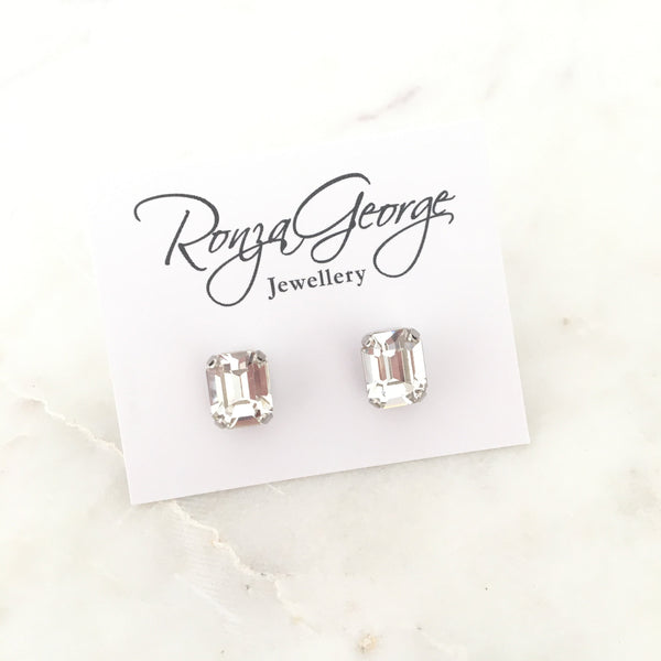 Emerald Cut Studs - Yellow Gold Plated, Crystal Clear
