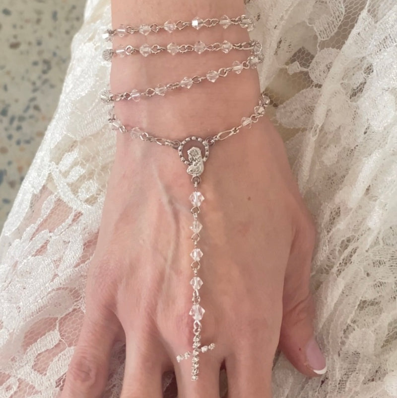Fine Bridal Rosary Necklace Bracelet - Swarovski Crystal Rhodium Plated