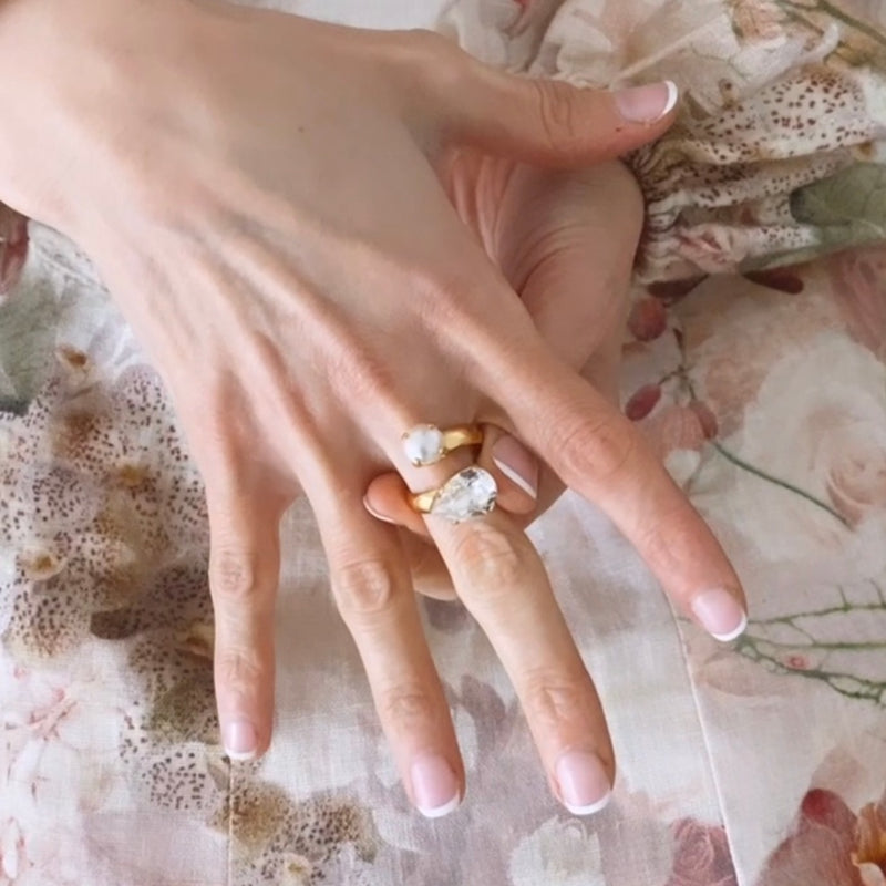 Amelia - Pearl & Crystal Open Gold Ring