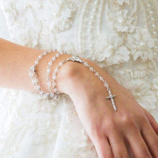 Fine Bridal Rosary Necklace Bracelet - Swarovski Crystal Rhodium Plated
