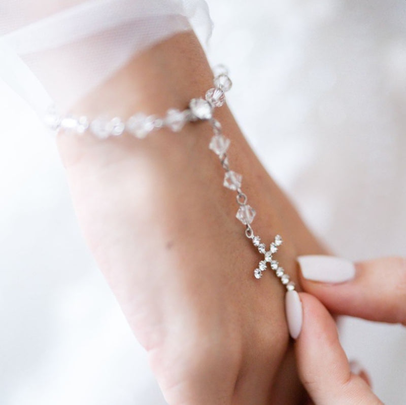 Dainty Bridal Rosary Bracelet- Silver Swarovski Crystal Clear