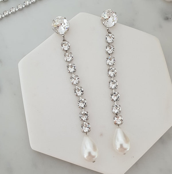 Elena - Crystal and Pearl Long Statement Drop Earring