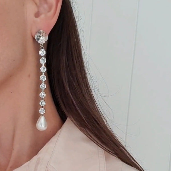Elena - Crystal and Pearl Long Statement Drop Earring