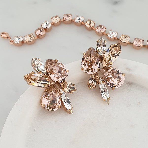 Larissa Statement Studs Vintage Rose Light Silk and Crystal Clear on Rose Gold