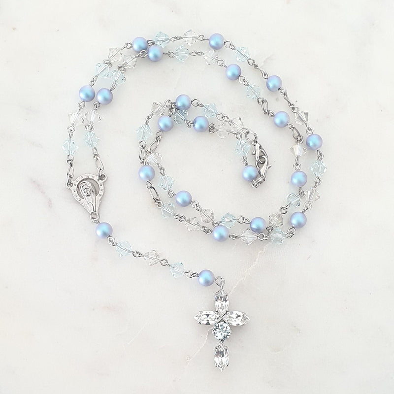 Blue Rosary - Swarovski Crystal, Rhodium Plated