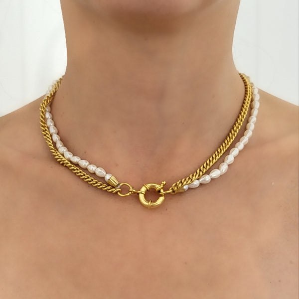 Sidra Double Pearl & Gold Chain Necklace -18CT Gold